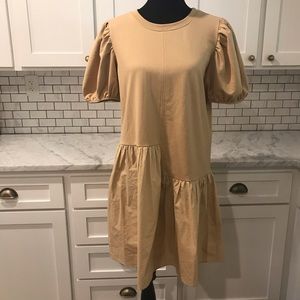 English Factory Puff Shoulder Mixed Mini Dress Women’s Soft Tan Sz large EUC